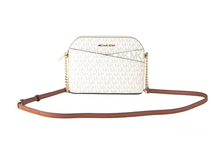 Michael Kors Dames Jet Set Travel Medium Leer X Cross Dome Schoudertas (Vanilla Signature/Goud)