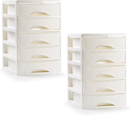 PlasticForte ladeblokje/bureau organizer - 2x - 5 lades - ivoor wit - L18 x B21 x H28 cm