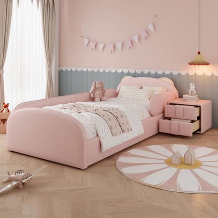 Gecapitonneerd Bed - Fluwelen Bedframe - Slaapkamer Inrichting - Beren Hoofdeinde - 90 x 200 cm - Roze