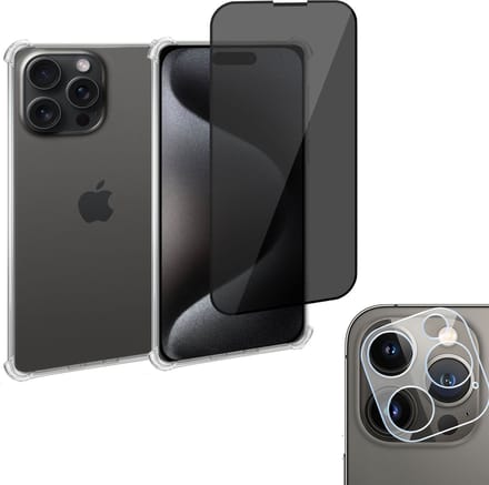 Geschikt voor iPhone 15 Plus Hoesje + Privé Screenprotector + Beschermglas Camera Lens - Privacy Proteqt+