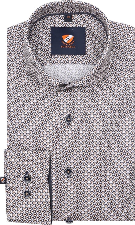 Suitable Overhemd Twill Print Beige - Maat 42 - Heren - Overhemden Formeel