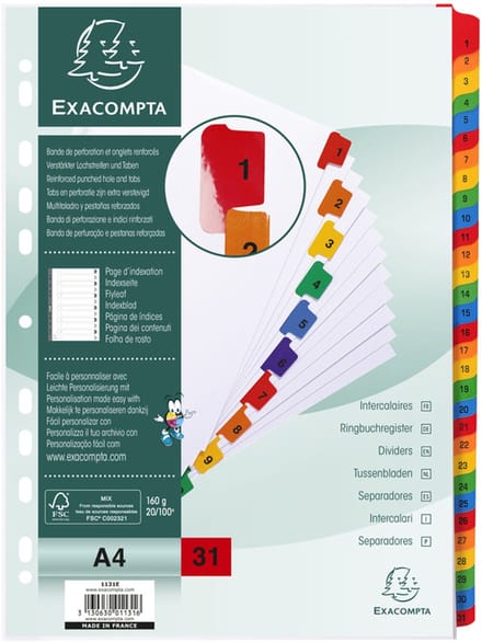Exacompta Tabbladen karton 160g - geplastificeerde, gekleurde tabs - 31 tabs - 1 tot 31 - A4 - Wit - 1131E