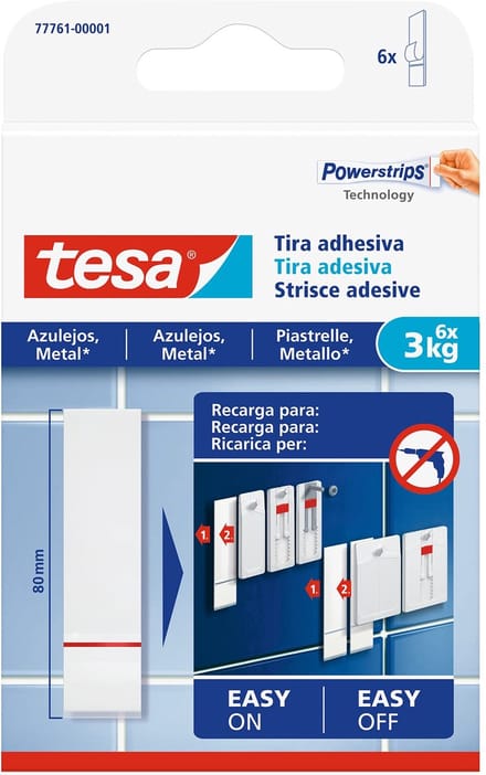 tesa kleefstrips voor tegels en metaal met een houdkracht van 3 kg.