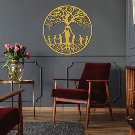 Metalen Wanddecoratie Stamboom – 3D Wandkunst – Goud – 50 cm