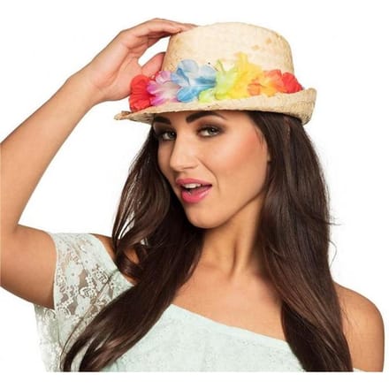 Hawaii strohoed - Fedora hoed - Feesthoedje - Met bloemenkrans - 59 cm - Beige