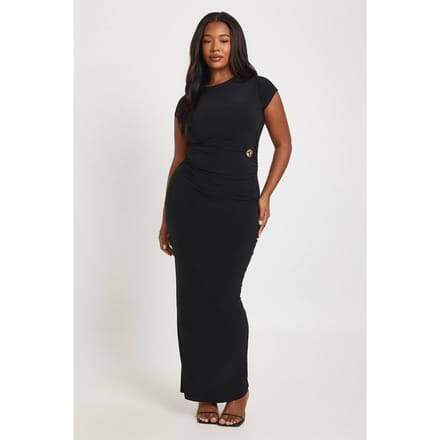 boohoo Dames Plus Gerimpelde Taille Trim Detail Korte Mouw Maxi Jurk | Black | Maat: 26