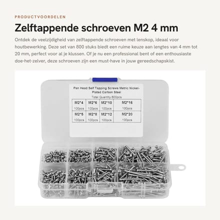 Zelftappende Schroeven M2 4mm - Lenskop - 800 stuks - Ideaal voor houtbewerking - Homevero