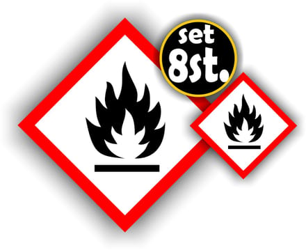 Jerma - Brandbaar - vlam - sticker - GHS02 - Set - 4 van 10 cm - 4 van 5 cm - Weerbestendig -Vinyl