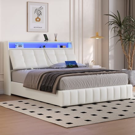 REDOM bedframe met opbergruimte 160x200 cm – PU/MDF, LED, USB, verstelbaar hoofdbord – Wit