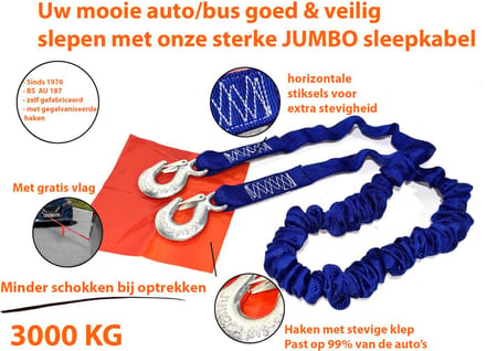 JUMBO Sleepkabel Stretch – 3000KG – Met 2 Haken – Elastisch – Voor Auto Pechhulp & Slepen