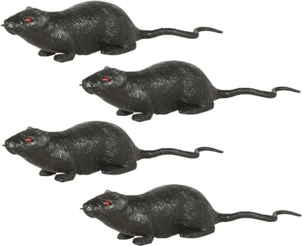 Grote plastic rat - 4x - donkergrijs - 20 cm - met rode ogen - enge namaak dieren - Halloween/horror decoratie/versiering