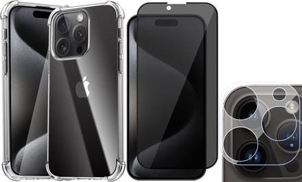Hoesje geschikt voor iPhone 15 Pro Max - Privacy Screenprotector FullGuard & Camera Lens Screen Protector - Back Cover Case ShockGuard Transparant
