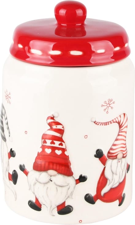 Dekoratief | Bewaarpot m/gnoompjes, dolomiet, wit/rood, 11x11x17cm | A235238