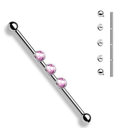 Industrial piercing 3 interne schroefdraad gemmed - zilver roze - LMPiercings