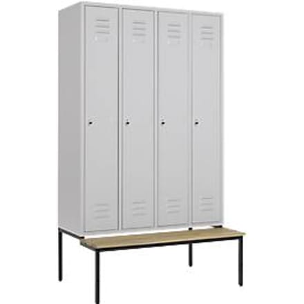 Kledinglocker, 4 compartimenten, 300 mm, draaigrendelslot, zitbank deur lichtgrijs