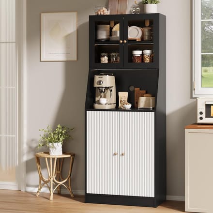 180cm Kitchen Cabinet with LED Lighting, Buffet Cabinet with Worktop, Pantry Kitchen with 4 Doors, Tall Cabinet Kitchen for Living Room Dining Bar, Black