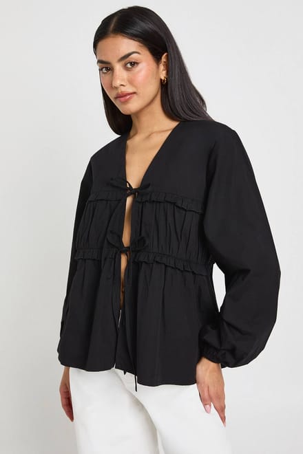 boohoo Dames Strikblouse met Ruches in Poplin | Zwart | Maat: 44