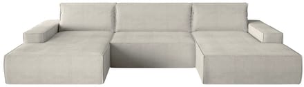 Vente-unique XXL hoekslaapbank van beige ribfluweel AMELIA