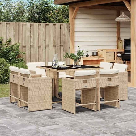 vidaXL - 9-delige - Tuinset - met - kussens - poly - rattan - beige