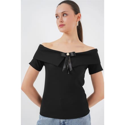 Boothals Geribbelde Blouse met Strik