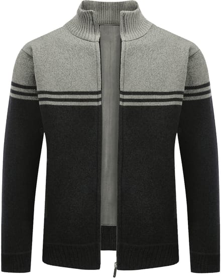 ALLTHEMEN Heren Cardigan met Opstaande Kraag - Gestreepte Ritssluiting - S