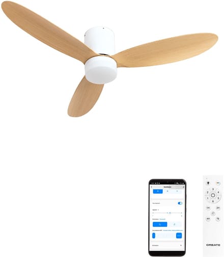 CREATE - 40W stille plafondventilator Ø132 cm - Wit / Licht hout - Met licht - WIFI + Afstandsbediening - WIND LITE
