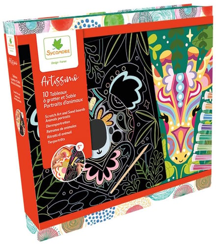 Sycomore XL knutselset scratch art en zand dierenportretten 5 jaar+.