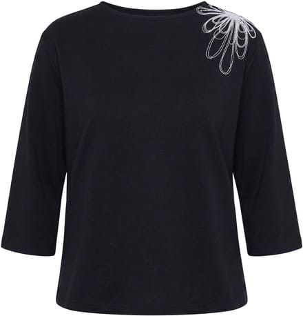 Ulla Popken - Dames - Sweatshirt borduursel boothals 3/4-mouwen - Zwart - Maat 46+