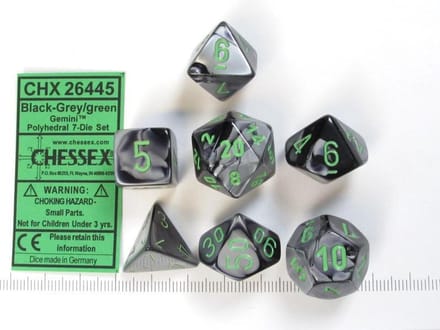 Chessex Gemini zwart-grijs-groen Polydice Dobbelsteen Set (7 stuks)
