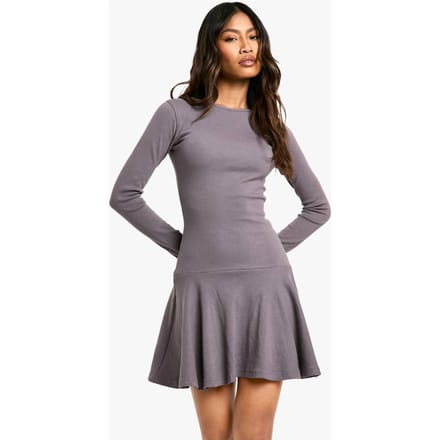 boohoo Dames Rib Dropped Hem Skater Dress | Grey | Maat: 10