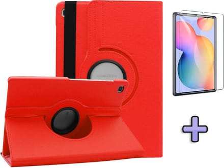 HB Hoes Geschikt voor Samsung Galaxy Tab S6 Lite - Draaibare Tablet Case met Standaard - Rood & Glazen Screenprotector