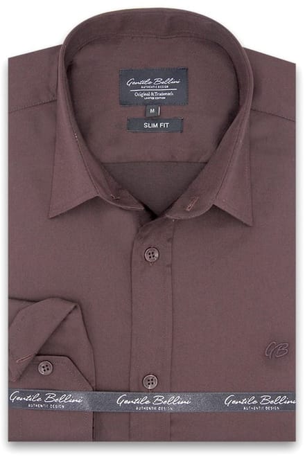 Heren Overhemd - Slim Fit - Luxury Plain Satijn - Bruin - Maat S