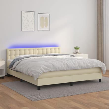 vidaXL - Boxspring - met - matras - en - LED - kunstleer - crèmekleurig - 160x200 - cm