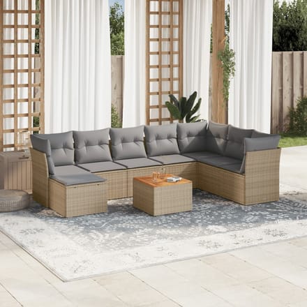 vidaXL - 9-delige - Loungeset - met - kussens - poly - rattan - beige