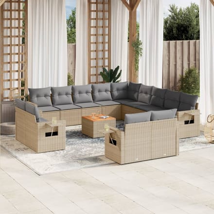 vidaXL - 14-delige - Loungeset - met - kussens - poly - rattan - gemengd - beige