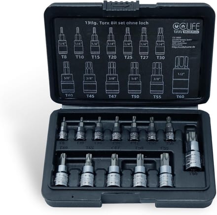 Torx Bit Set - Bitdoppen Set - Klus Klussen - S2 Staal Bits - T8-T60 13 Delig - Zilverkleurig