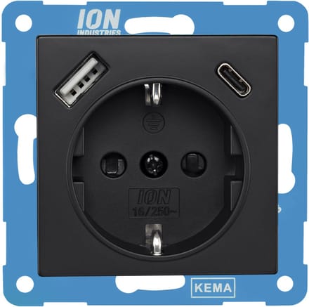 ION Industries - V1/J1 contactdoos inbouw - 1-voudig - randaarde - met USB-A en USB-C - 71 x 71 x 32 mm - zwart