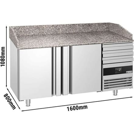 GGM Gastro Pizzawerkbank PREMIUM - 1600x800mm - met granieten werkblad - met 2 deuren & 3 laden zilver