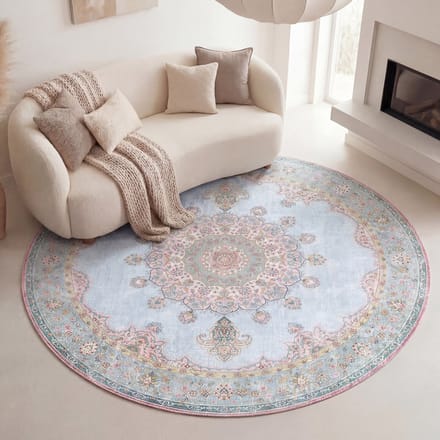 FRAAI Rond vintage vloerkleed - Lily Medaillon Lichtblauw | Fleurig - Ø 120cm