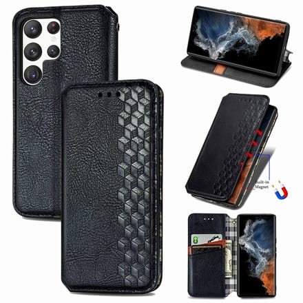 Luxe PU Lederen Ruitpatroon Wallet Case + Glas Screenprotector voor Galaxy S25 Ultra _ Zwart