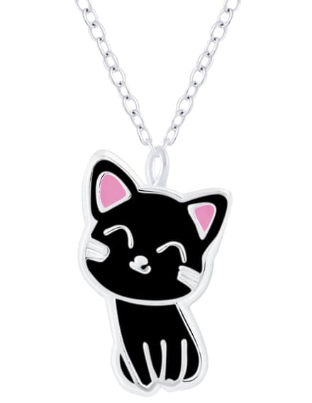 Joy|S - Zilveren kat poes hanger met ketting zwart