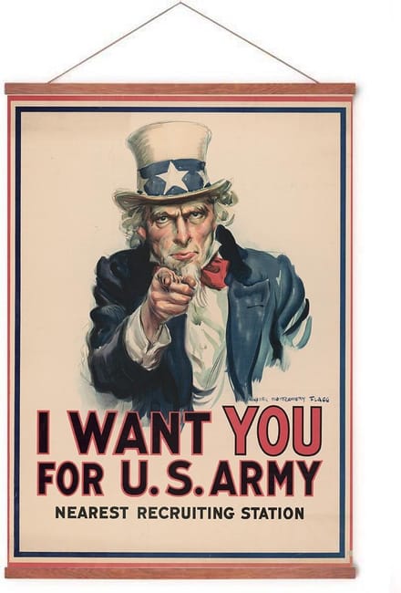 Poster In Posterhanger - Uncle Sam - Kader Hout - Eerste Wereldoorlog - 70x50 cm - Ophangsysteem