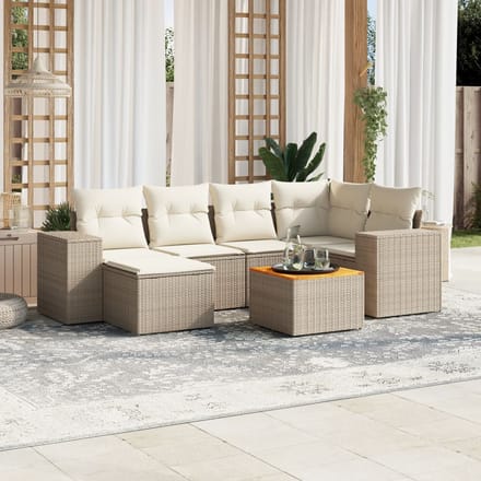 vidaXL - 7-delige - Loungeset - met - kussens - poly - rattan - beige