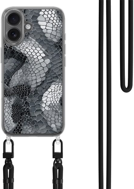 Casimoda® hoesje met zwart koord - Geschikt voor iPhone 17 - Python Grijs - Afneembaar koord - TPU/polycarbonaat - Grijs