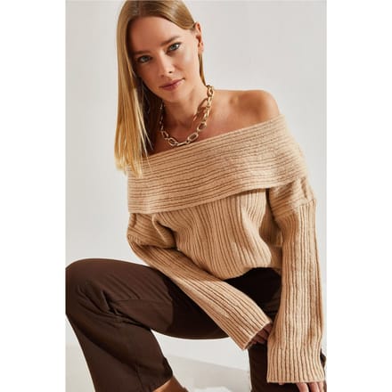 Off Shoulder Geribbelde Gebreide Trui