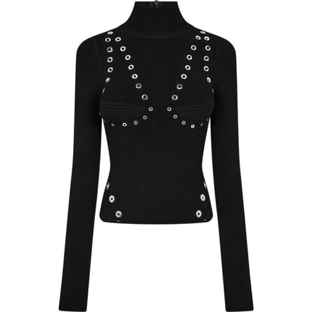 Off White Dames-top met oogjes en hoge kraag (Zwart)