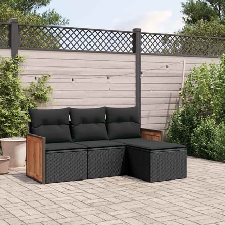 vidaXL - 4-delige - Loungeset - met - kussens - poly - rattan - zwart