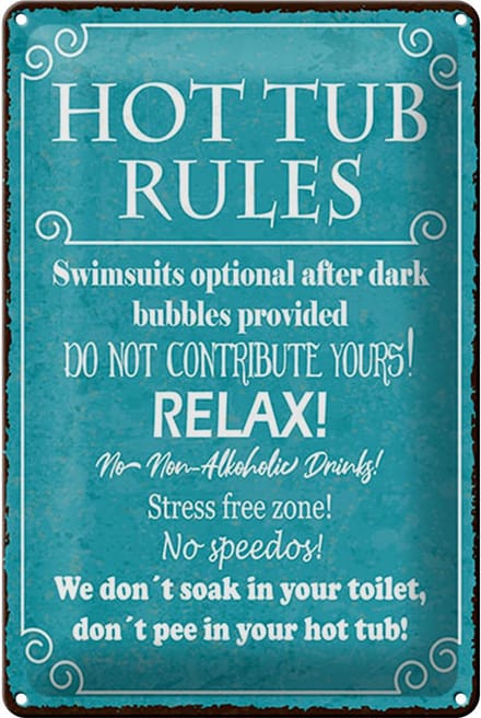 Blechschild Spruch 12x18 cm Hot tub rules blaues Deko Schild