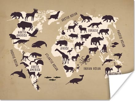 Poster - Wereldkaart - Dieren - Bruin - 40x30 cm