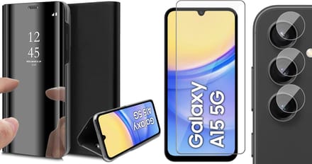 Hoesje geschikt voor Samsung Galaxy A15 - Screenprotector Glas & Camera - Spiegel Book Case Zwart